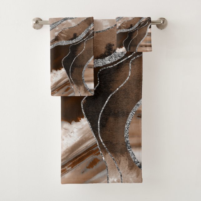 Conjunto De Toalhas Glama Marble Marble Castanho Agate Silver Glitter  (Insitu)