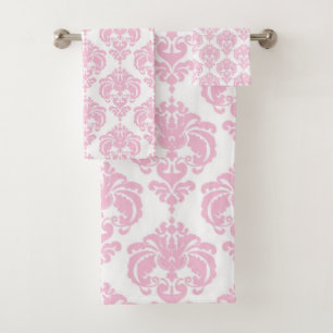 Conjunto De Toalhas Glamour Real Rosa e Branco Damask Feminino Glam