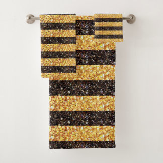 Conjunto De Toalhas Glitter Brown Dourado Stripe Sparkle