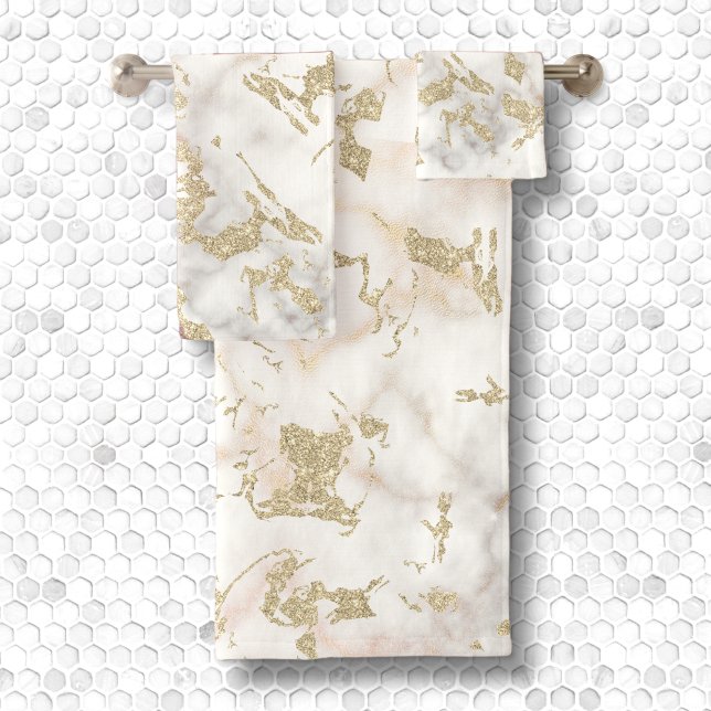 Conjunto De Toalhas Glitter de ouro metálico e mármore branco incrusta (Criador carregado)