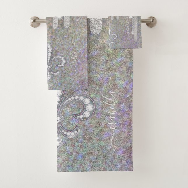 Conjunto De Toalhas Glitter De Prata E Diamantes Na Glitter Do Arco-Ír (Insitu)