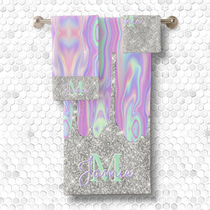 Conjunto De Toalhas Glitter de Prata Metálica Monograma e Iridescente