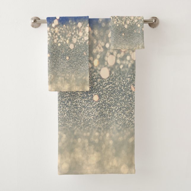 Conjunto De Toalhas Glitter Dourado Azul Moderno Bokeh (Insitu)