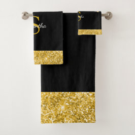 Conjunto De Toalhas Glitter Dourado Chic Drives Glitter Monograma Pret
