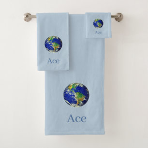 Conjunto De Toalhas Globo Mundial e Texto em Azul Maravilhoso
