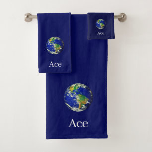 Conjunto De Toalhas Globo Mundial e Texto em Azul Naval