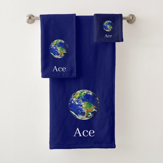 Conjunto De Toalhas Globo Mundial & Texto em Azul Marinho (Insitu)