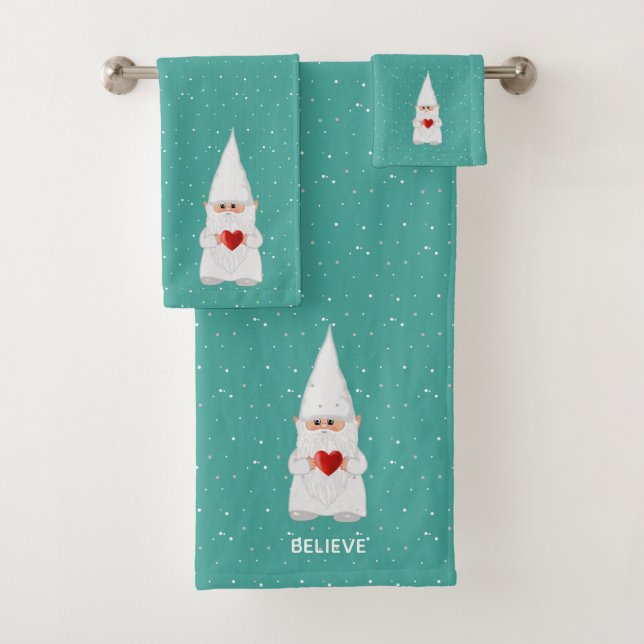 Conjunto De Toalhas Gnomo de Natal com Coração em Turquesa (Insitu)