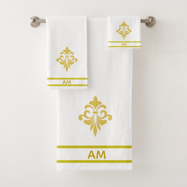 Conjunto De Toalhas Golden Flower, Monogram and Stripes on White (Insitu)