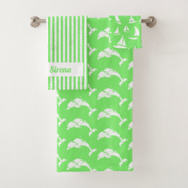 Conjunto De Toalhas Golfinhos e Barcos Marinhos, Branco Verde
