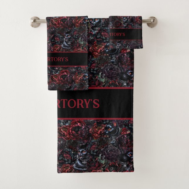 Conjunto De Toalhas Gothic Black Cat & Dark Flowers Personalized (Insitu)