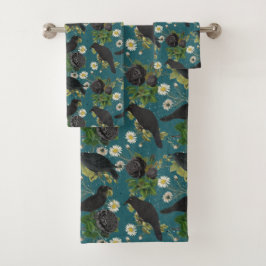 Conjunto De Toalhas Gótico Coroa e Rosas Pretos Padrão Teal Profundo