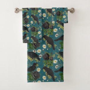 Conjunto De Toalhas Gótico Coroa e Rosas Pretos Padrão Teal Profundo