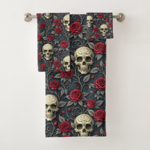 Conjunto De Toalhas Gótico Vintage Crânio e Rosas Vermelhas Floral