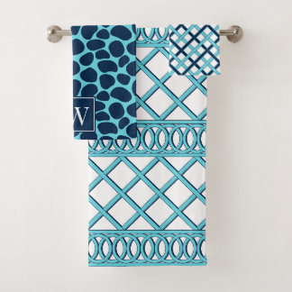 Conjunto De Toalhas Grade Maximalista em Xadrez - Monograma Aqua & Azu