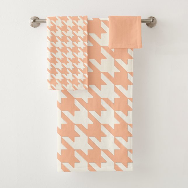 Conjunto De Toalhas Grande padrão de houndstooth, Peachy Coral e Branc (Insitu)
