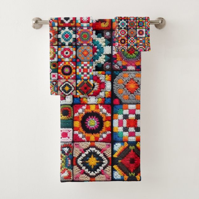 Conjunto De Toalhas Granny Squares Crochet Patterno Impressão (Insitu)