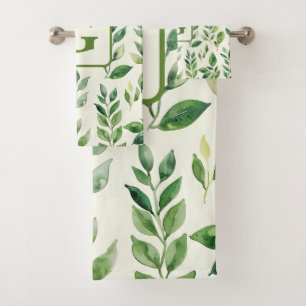 Conjunto De Toalhas Granulado Aquarela Monograma de Folhas Botânicas