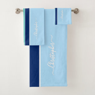 Conjunto De Toalhas Grelha Azul Azul-clara, Rasgos Brancos Monograma