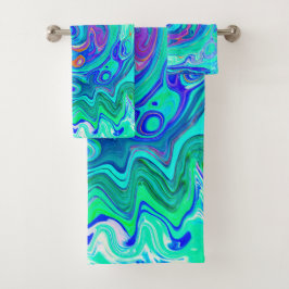 Conjunto De Toalhas Groovy Abstrato Oceano Azul e Verde Líquido Redemo