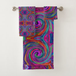 Conjunto De Toalhas Groovy Abstrato Retro Magenta Dark Rainbow Swirl