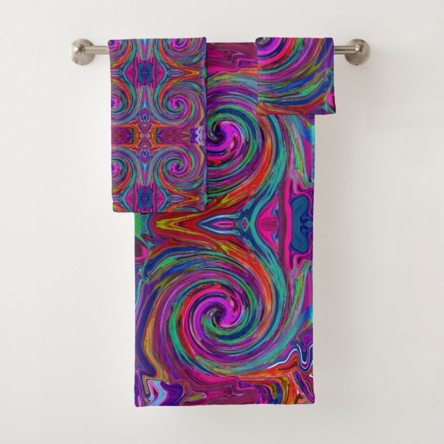 Conjunto De Toalhas Groovy Abstrato Retro Magenta Dark Rainbow Swirl (Insitu)