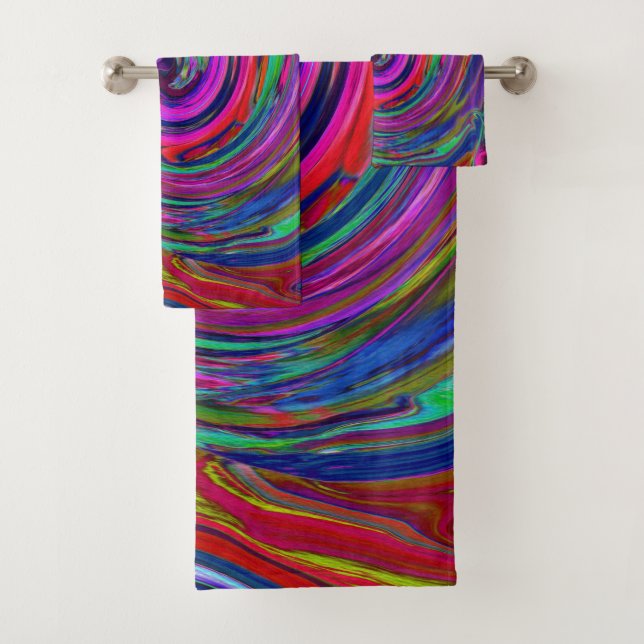 Conjunto De Toalhas Groovy Abstrato Retro Magenta Dark Rainbow Swirl (Insitu)