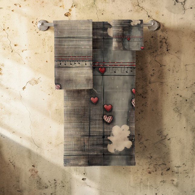 Conjunto De Toalhas Grunge Black and Cream with Red Hearts (Criador carregado)