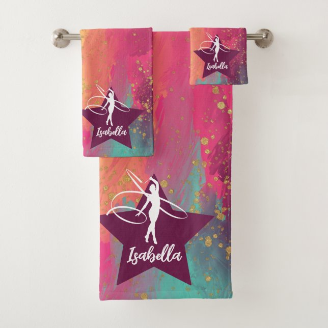 Conjunto De Toalhas Gymnastics Monograma Nome Dourado Glitter (Insitu)