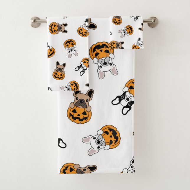 Conjunto De Toalhas Halloween Bulldog E Pumpkins Patterno (Insitu)