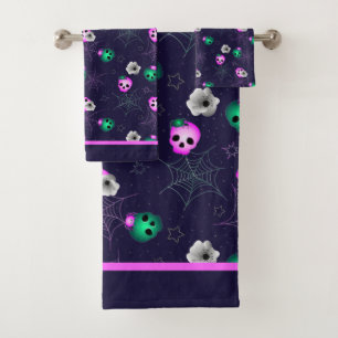 Conjunto De Toalhas Halloween Neon Pink e Green Gloween Skulls