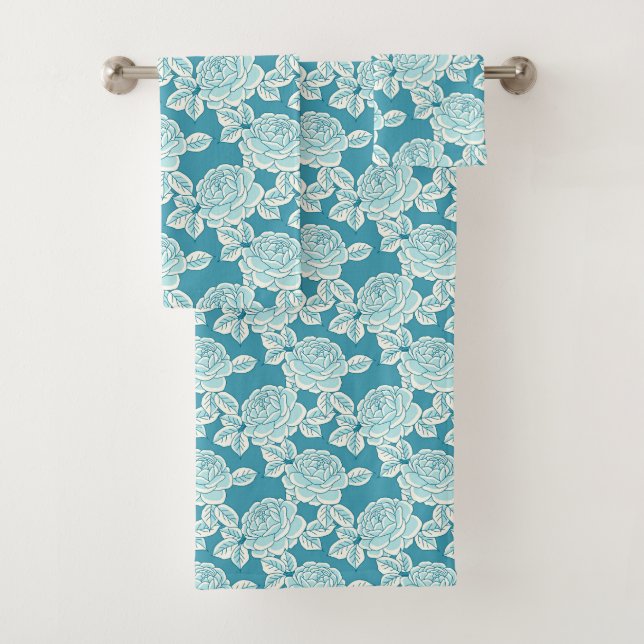 Conjunto De Toalhas Hand Drawn Peony Floral Blue Towel Set (Insitu)