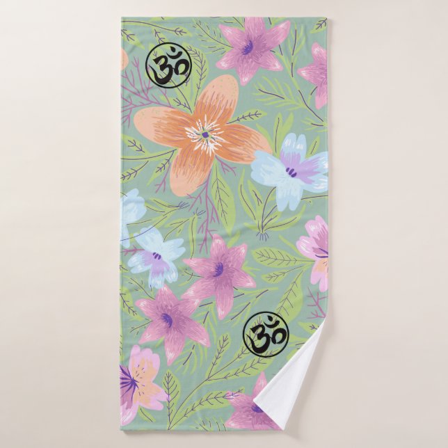 Conjunto De Toalhas Harmonic Blossoms: Floral Design with OM Symbols (Toalha de Banho)