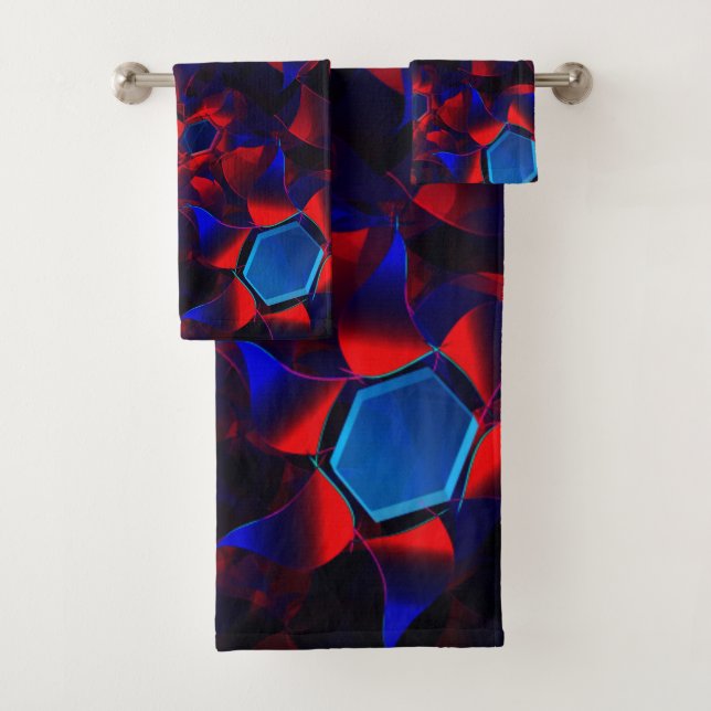 Conjunto De Toalhas Hexágono azul misturado com curvas vermelhas sobre (Insitu)