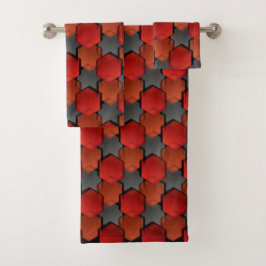 Conjunto De Toalhas Hexágonos vermelhos sobrepostos e "estrela cinza"