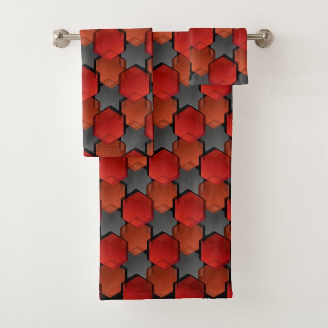 Conjunto De Toalhas Hexágonos vermelhos sobrepostos e "estrela cinza" (Insitu)