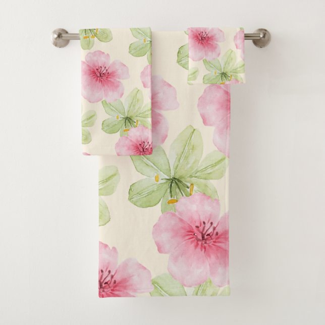 Conjunto De Toalhas Hibisco Floral Rosa e Verde Tropical (Insitu)