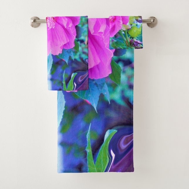 Conjunto De Toalhas Hibisco Rosa Elegante com Folhagem Azul ondulada (Insitu)