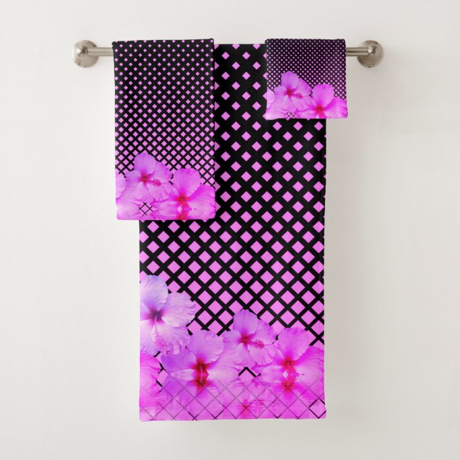 Conjunto De Toalhas Hibisco Rosa Quente a Preto e Rosa Verificado (Insitu)