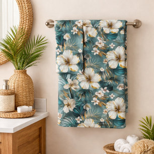 Conjunto De Toalhas Hibisco Tropical Floral Azul Turquesa