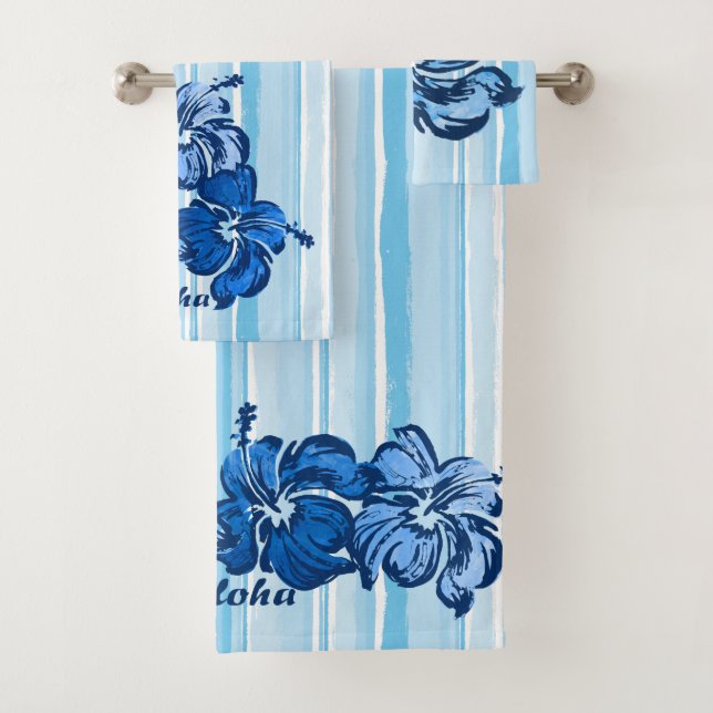 Conjunto De Toalhas Hibiscus Hawaiian Stripe - Azul (Insitu)