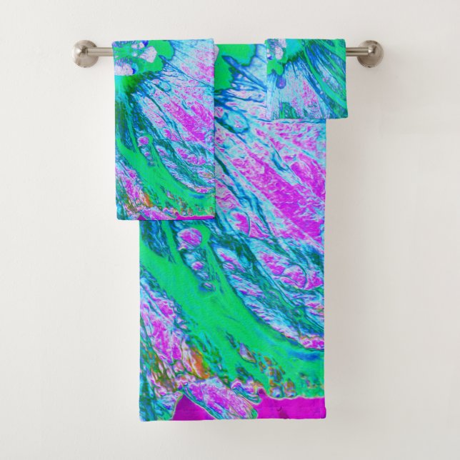 Conjunto De Toalhas Hibiscus Retro Verde e Rosa Quente Psicodélico (Insitu)