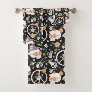 Conjunto De Toalhas Hippie Halloween Skulls and Flowers Standard