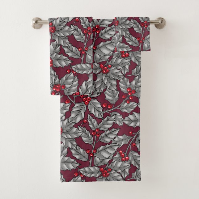 Conjunto De Toalhas Holly berry, gray leaves on dark red (Insitu)