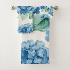 Conjunto De Toalhas Hortênsia Azuis Floral Aquarela Botânica Flora