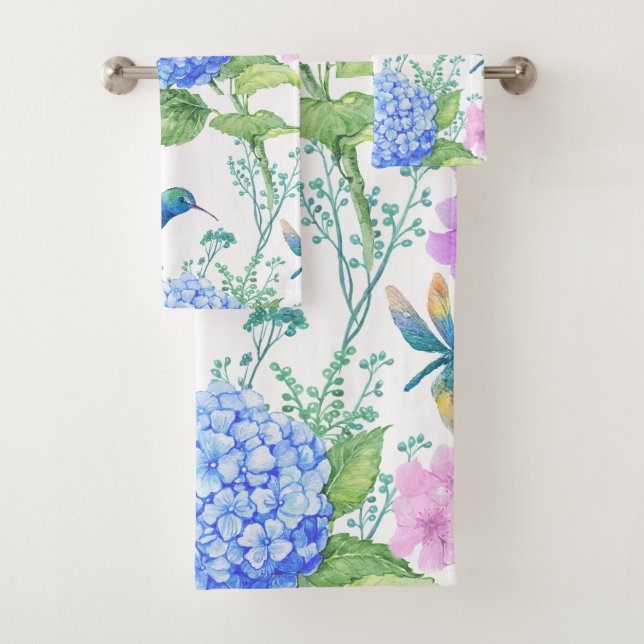 Conjunto De Toalhas Hortênsias Azuis E Beija-flores  (Insitu)