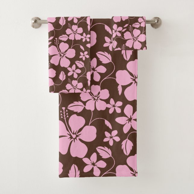 CONJUNTO DE TOALHAS HULA HAVAIANA (HIBÍSCO) MARROM/ROSA (Insitu)