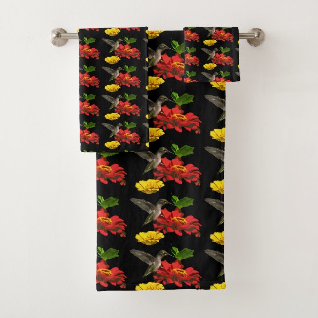 Conjunto De Toalhas Hummingbird Red Yellow Flowers Patterno Bath Towel (Insitu)