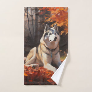 Conjunto De Toalhas Husky Siberiano nas Folhas do outono cai inspirado