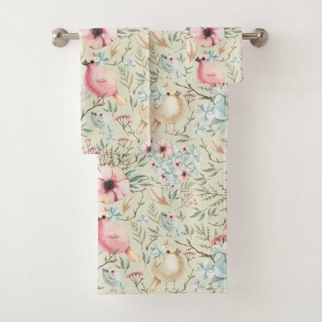 Conjunto De Toalhas Hydrangea Hearts and Baby Birds Floral Bath Towels (Insitu)